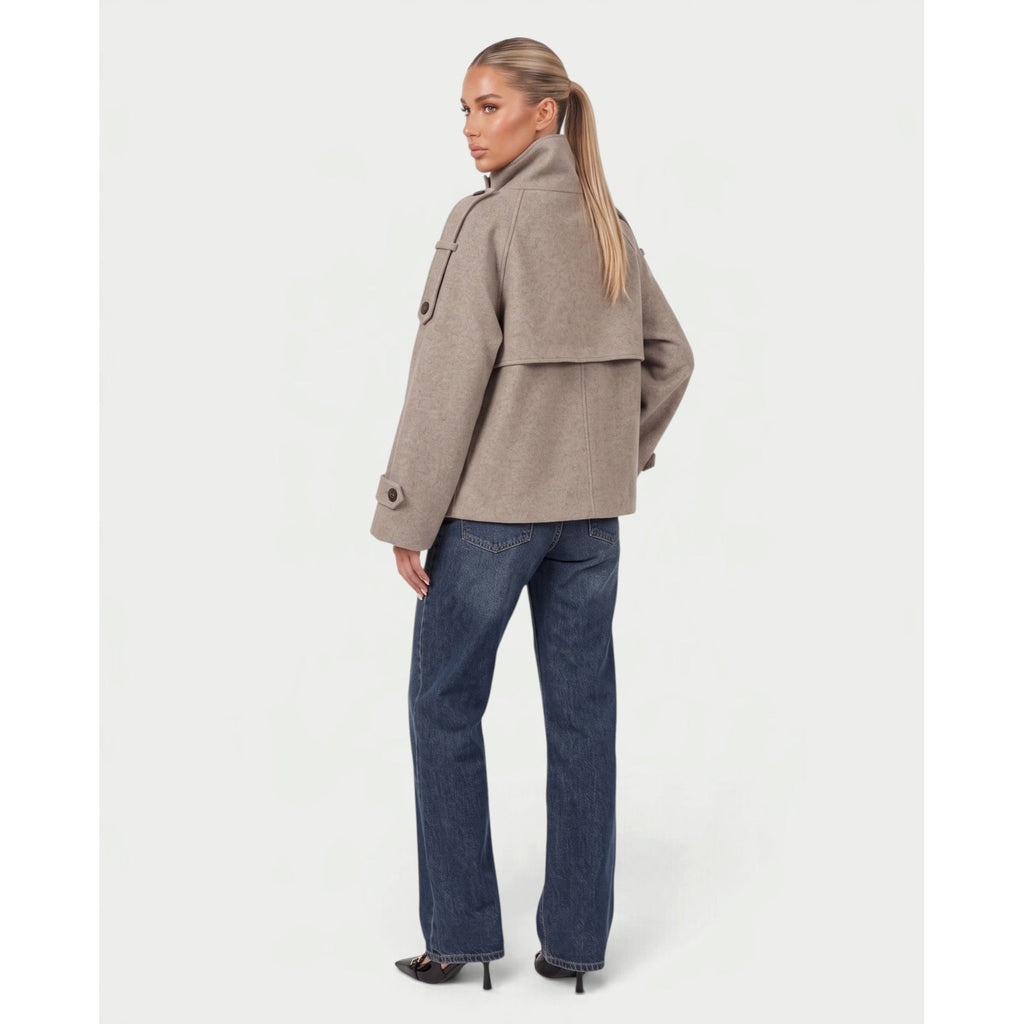 Men's Wool Short Trench Coat Double Breasted Funnel Neck Oversized - Image 5