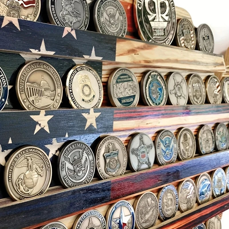 Military Coin Display Holder with Rustic Wood Usa Map and American Flag Design for Challenge - Image 2
