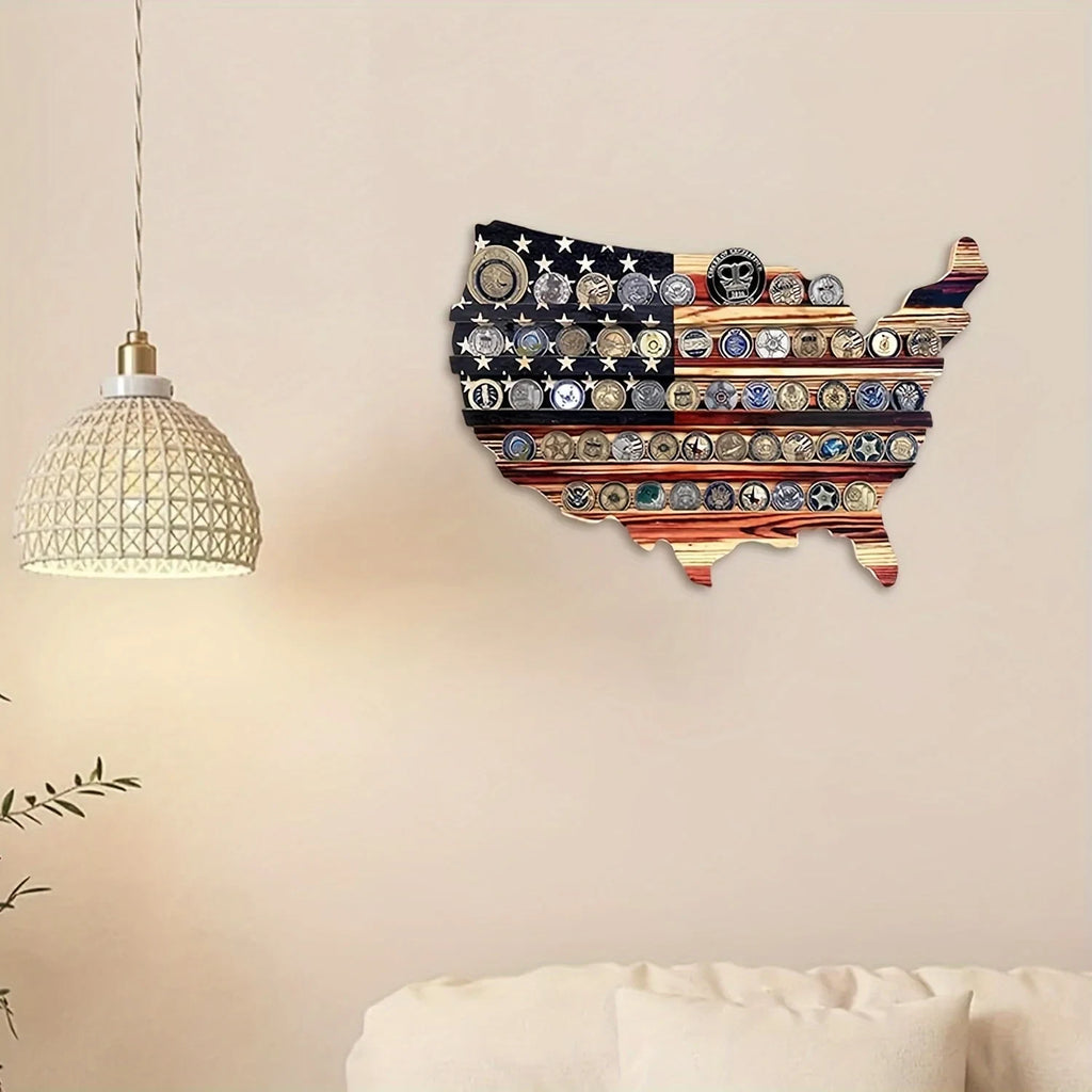 Military Coin Display Holder with Rustic Wood Usa Map and American Flag Design for Challenge - Image 3