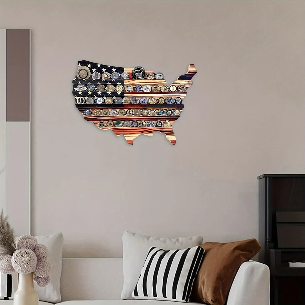 Military Coin Display Holder with Rustic Wood Usa Map and American Flag Design for Challenge - Image 4