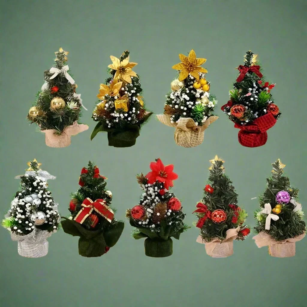 Mini Christmas Tree Tabletop Artificial with Decorations and Poinsettia Flowers - Image 1