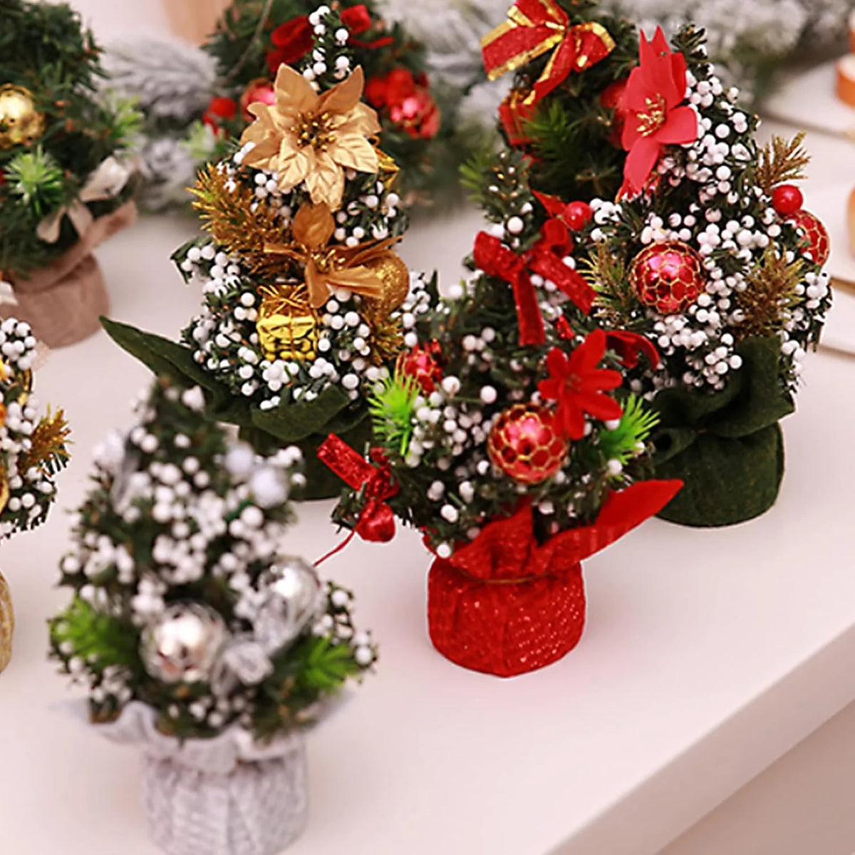 Mini Christmas Tree Tabletop Artificial with Decorations and Poinsettia Flowers - Image 2