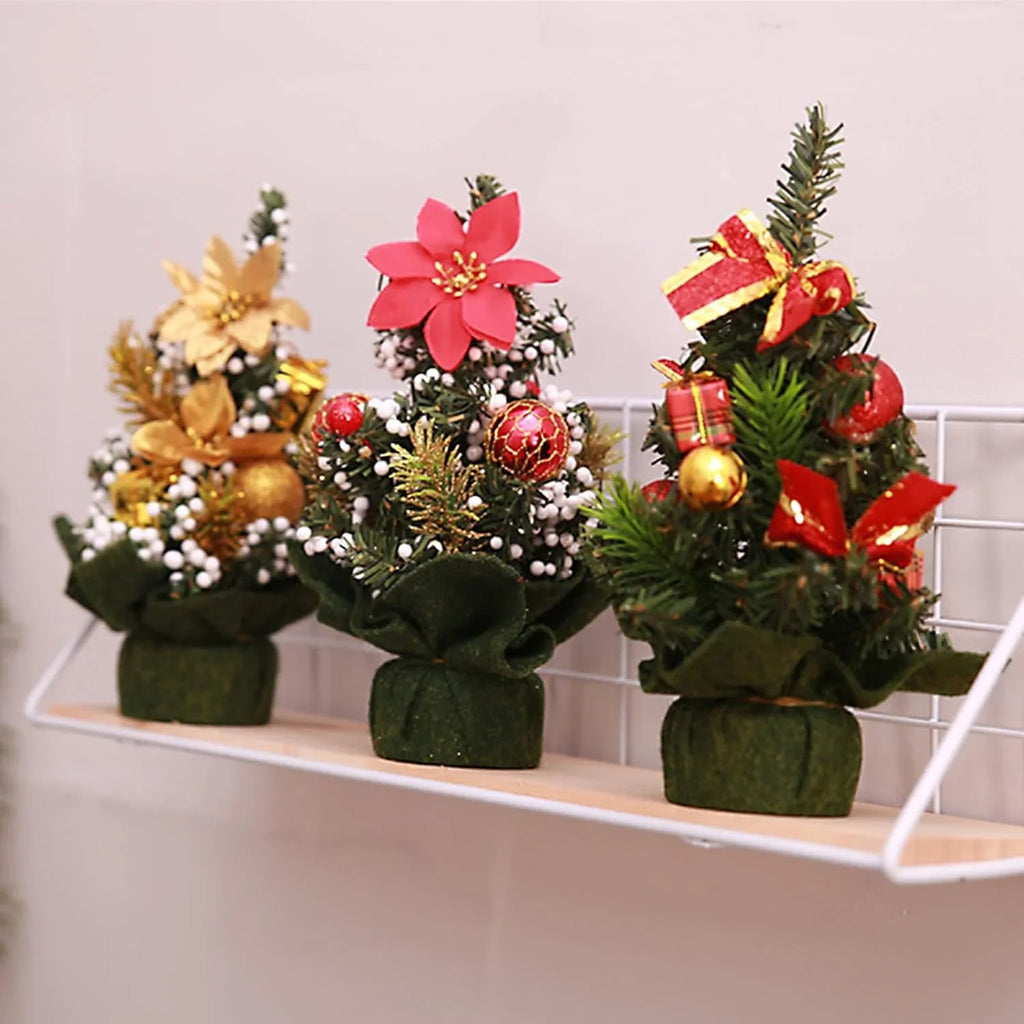 Mini Christmas Tree Tabletop Artificial with Decorations and Poinsettia Flowers - Image 3