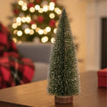 Miniature Christmas Trees with Bottle Brush Design and Frosted Wooden Base for Tabletop Decor - Image 1