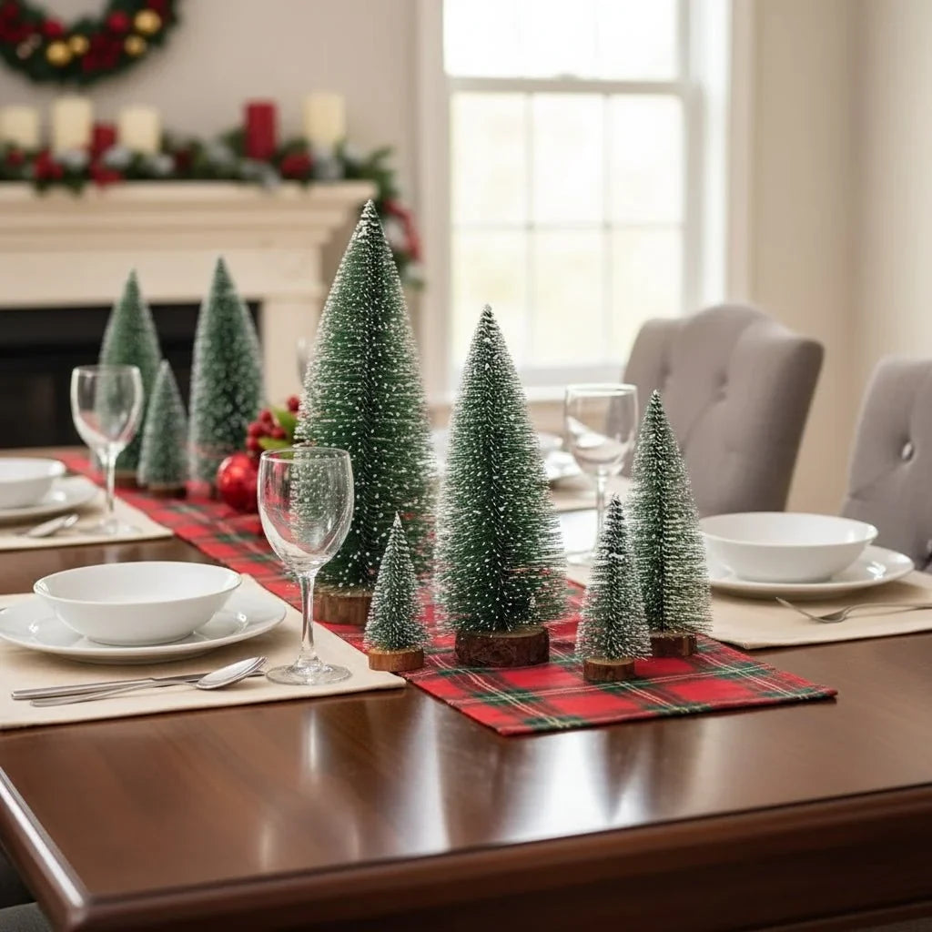 Miniature Christmas Trees with Bottle Brush Design and Frosted Wooden Base for Tabletop Decor - Image 2