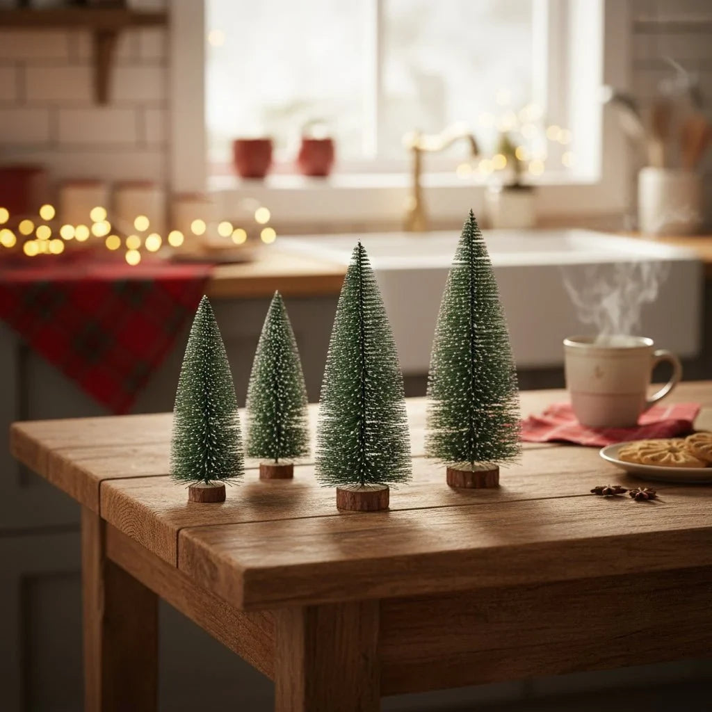Miniature Christmas Trees with Bottle Brush Design and Frosted Wooden Base for Tabletop Decor - Image 3