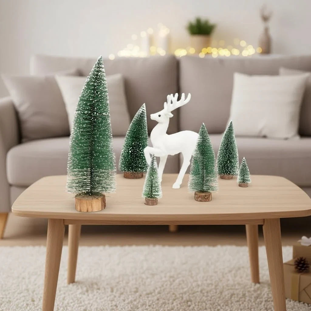 Miniature Christmas Trees with Bottle Brush Design and Frosted Wooden Base for Tabletop Decor - Image 4