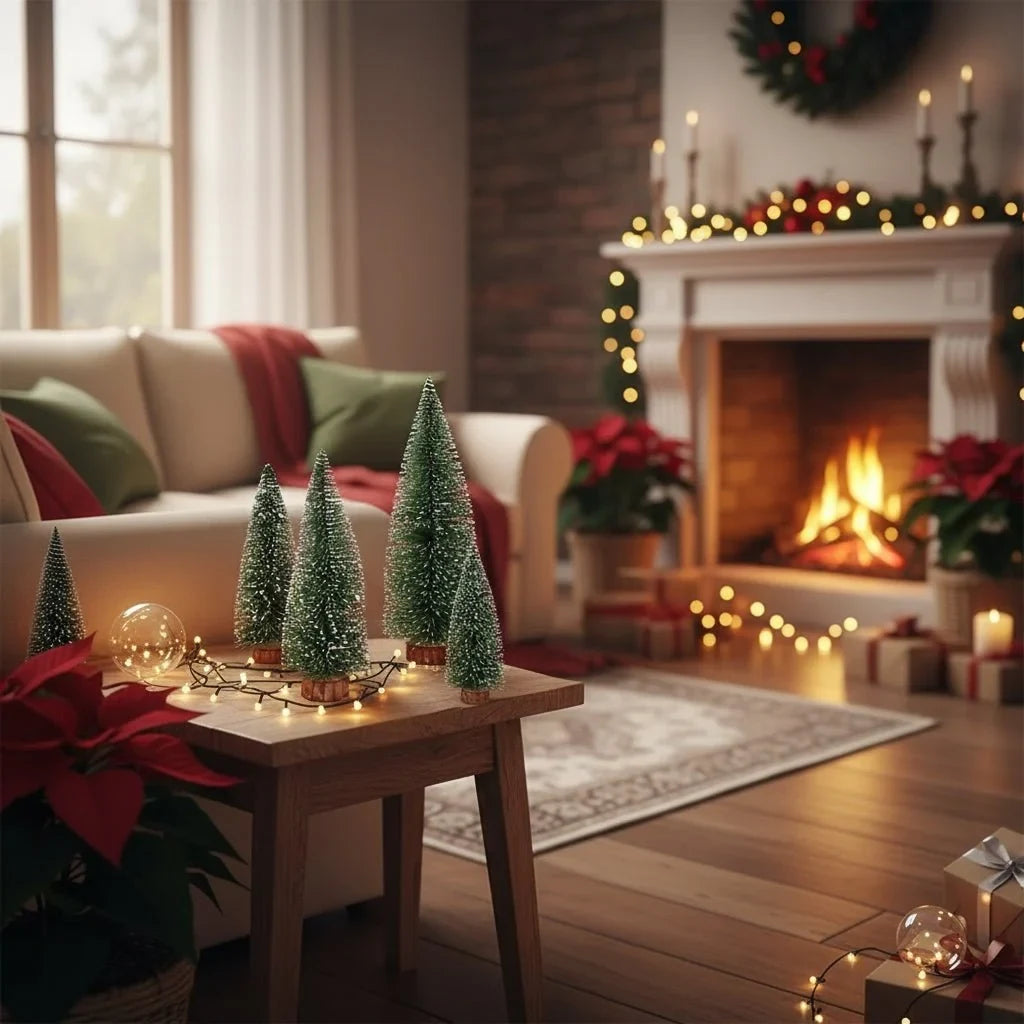 Miniature Christmas Trees with Bottle Brush Design and Frosted Wooden Base for Tabletop Decor - Image 5