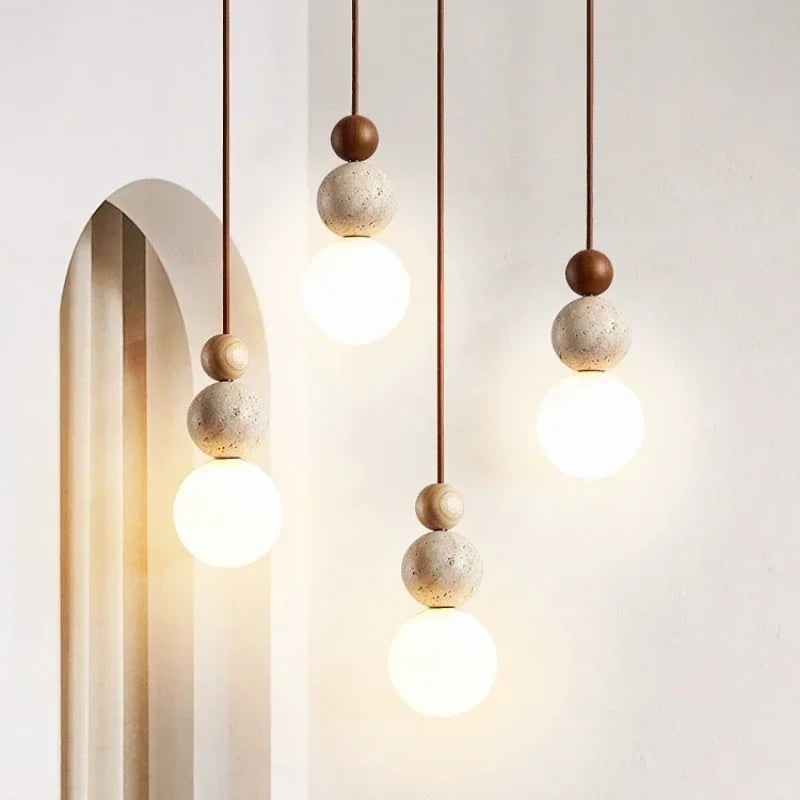 Modern Pendant Light Globe Frosted Glass Stone Wooden Bead Hanging Round - Image 1