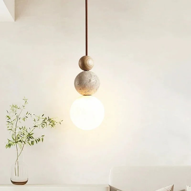 Modern Pendant Light Globe Frosted Glass Stone Wooden Bead Hanging Round - Image 2