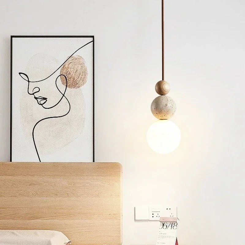 Modern Pendant Light Globe Frosted Glass Stone Wooden Bead Hanging Round - Image 3