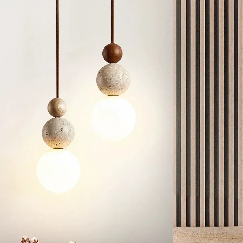 Modern Pendant Light Globe Frosted Glass Stone Wooden Bead Hanging Round - Image 4
