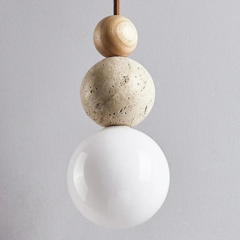 Modern Pendant Light Globe Frosted Glass Stone Wooden Bead Hanging Round - Image 5