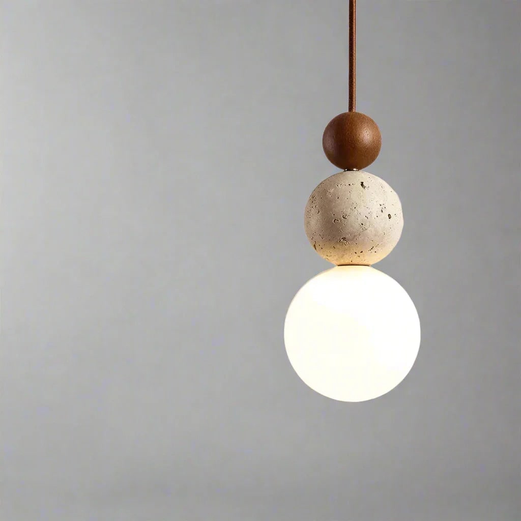 Modern Pendant Light Globe Frosted Glass Stone Wooden Bead Hanging Round - Image 6