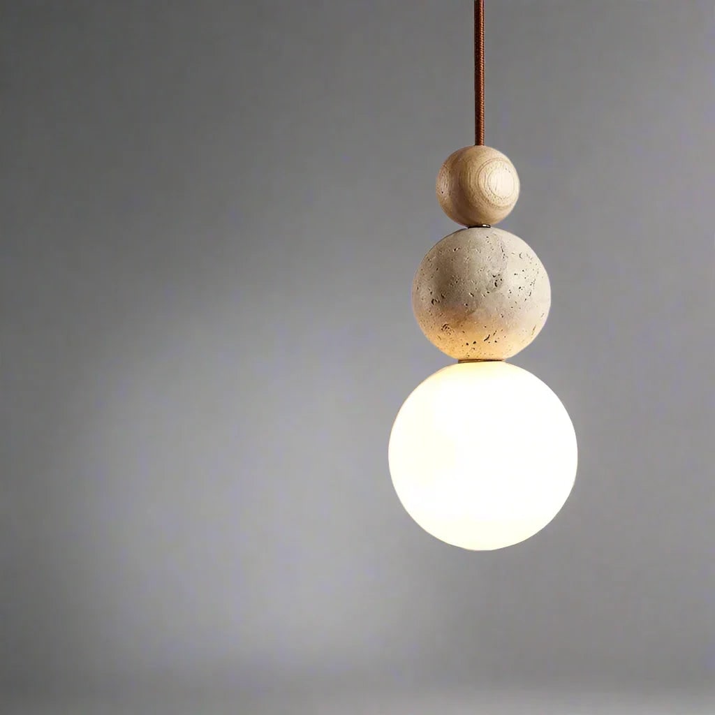 Modern Pendant Light Globe Frosted Glass Stone Wooden Bead Hanging Round - Image 7