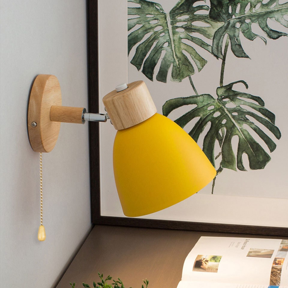 Modern Wall Sconce Light Adjustable Swivel Arm Wood Metal Shade Bedside - Image 1