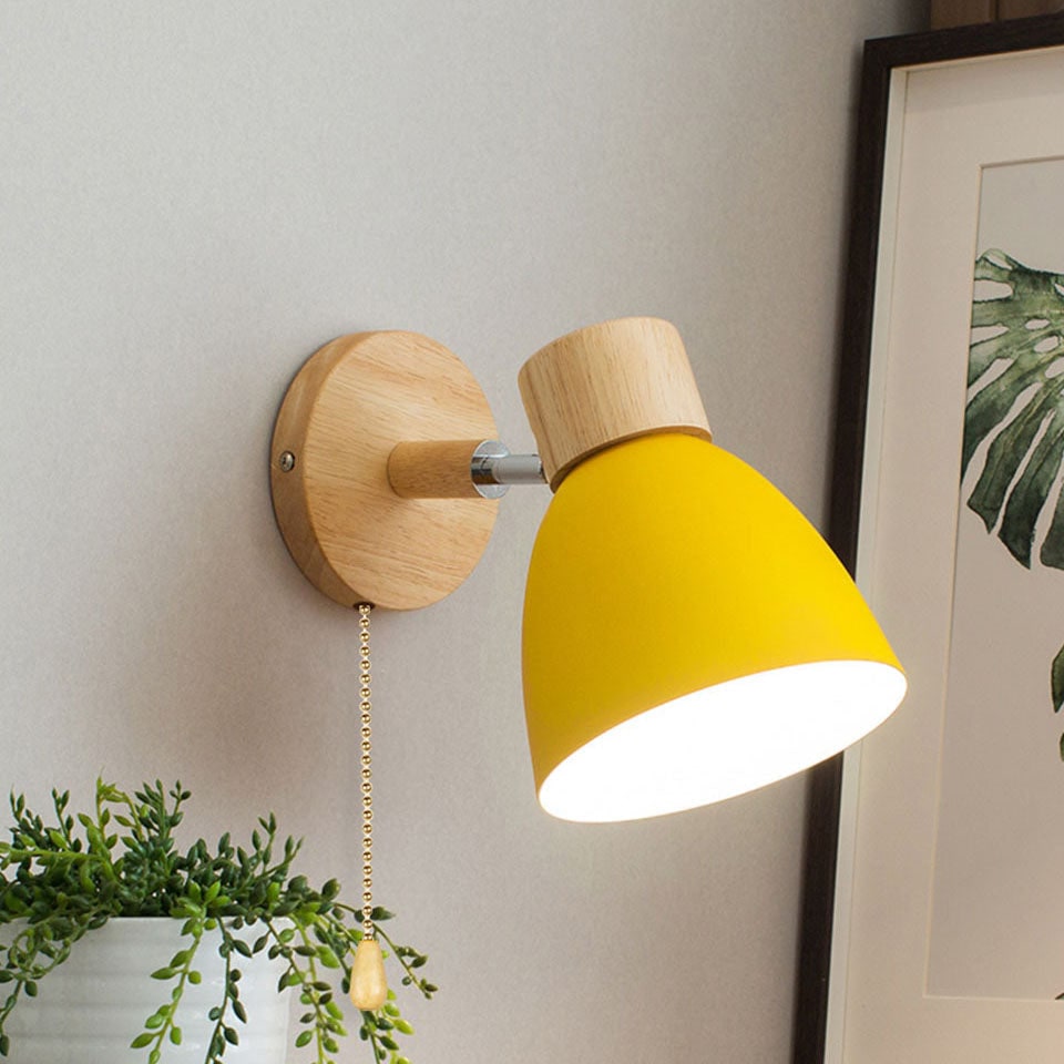 Modern Wall Sconce Light Adjustable Swivel Arm Wood Metal Shade Bedside - Image 4