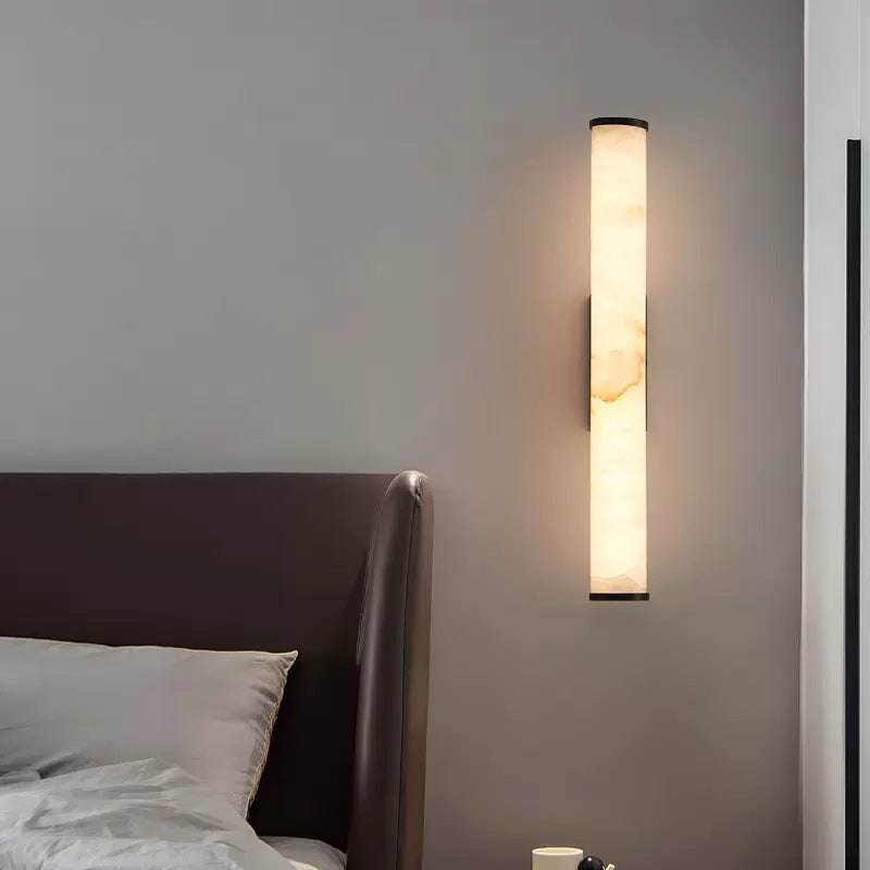 Modern Wall Sconce Light Hardwired Cylindrical Marbled Resin Minimalist Brushed Gold - Image 7