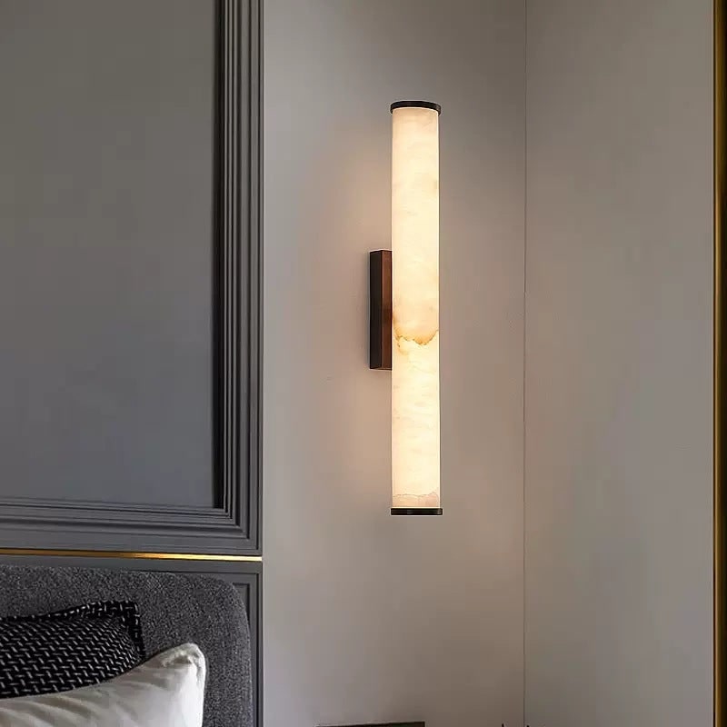 Modern Wall Sconce Light Hardwired Cylindrical Marbled Resin Minimalist Brushed Gold - Image 8