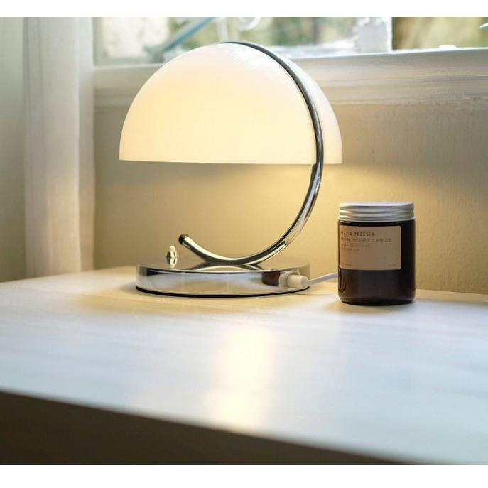 Mushroom Table Lamp with Chrome Arm and Bedside Lighting Mid-Century Modern Dome Shade - Image 1