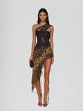 One Shoulder Lace Bodice Leopard Print Asymmetric Maxi Dress