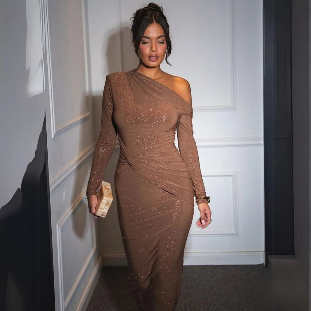 One Shoulder Long Sleeve Glitter Ruched Bodycon Maxi Dress — side view