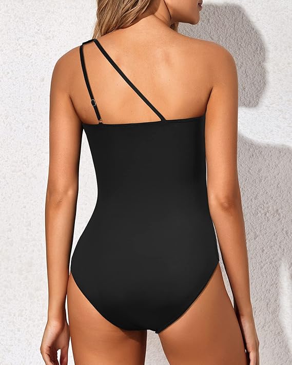 One-Shoulder Ruched Tummy Control One-Piece Swimsuit for Women — close-up