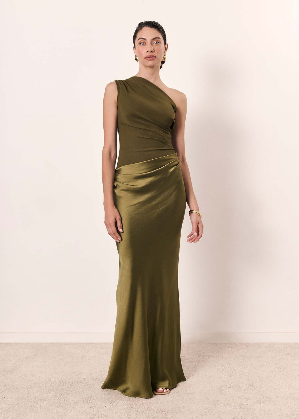 One-Shoulder Satin Long Evening Dress with Ruched Bodice and Column Skirt — alternative angle