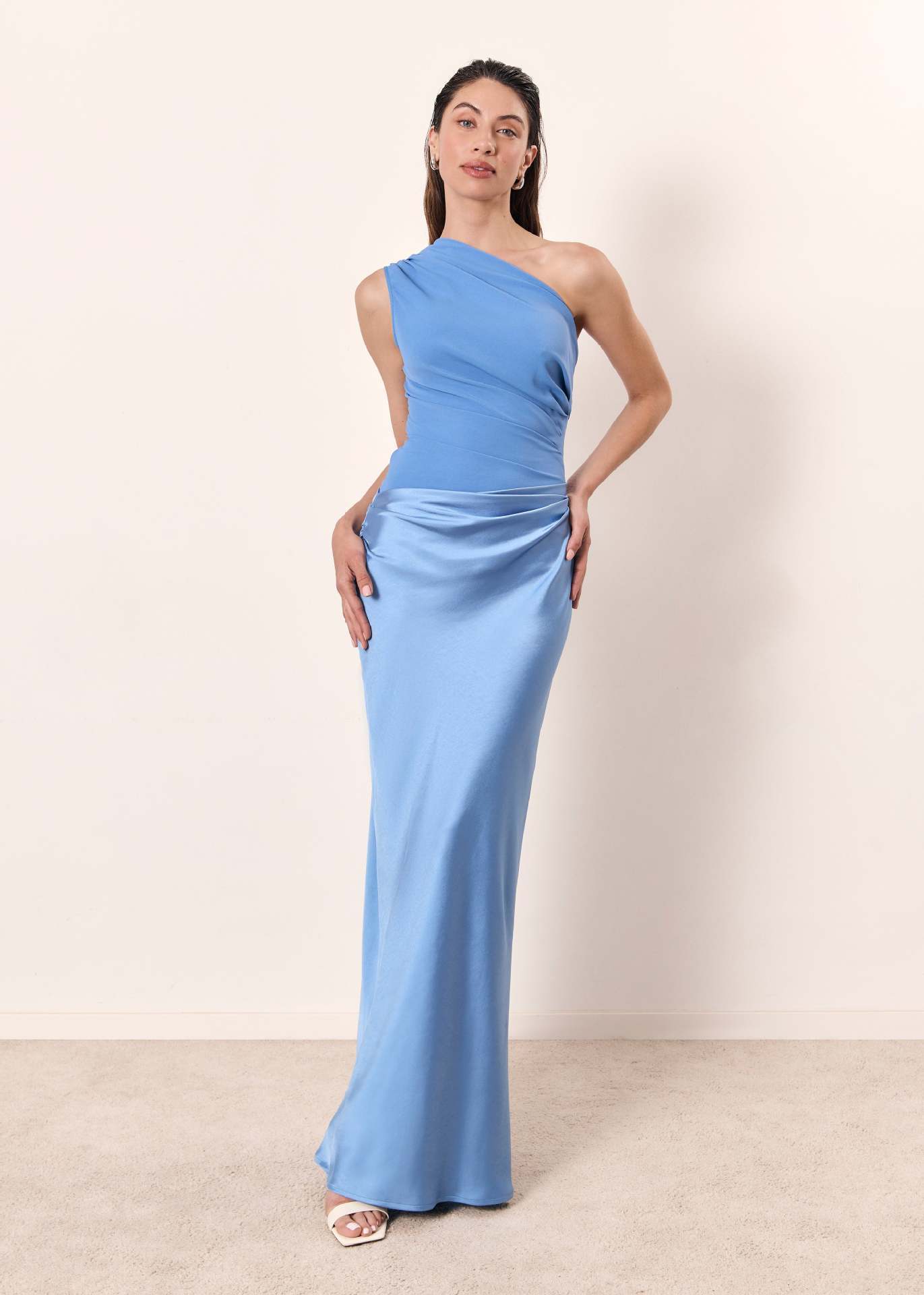 One-Shoulder Satin Long Evening Dress with Ruched Bodice and Column Skirt — model wearing