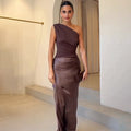One-Shoulder Satin Long Evening Dress with Ruched Bodice and Column Skirt