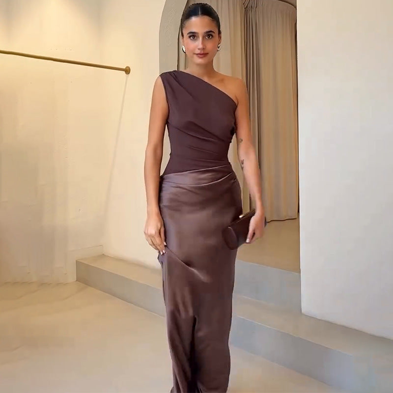One-Shoulder Satin Long Evening Dress with Ruched Bodice and Column Skirt