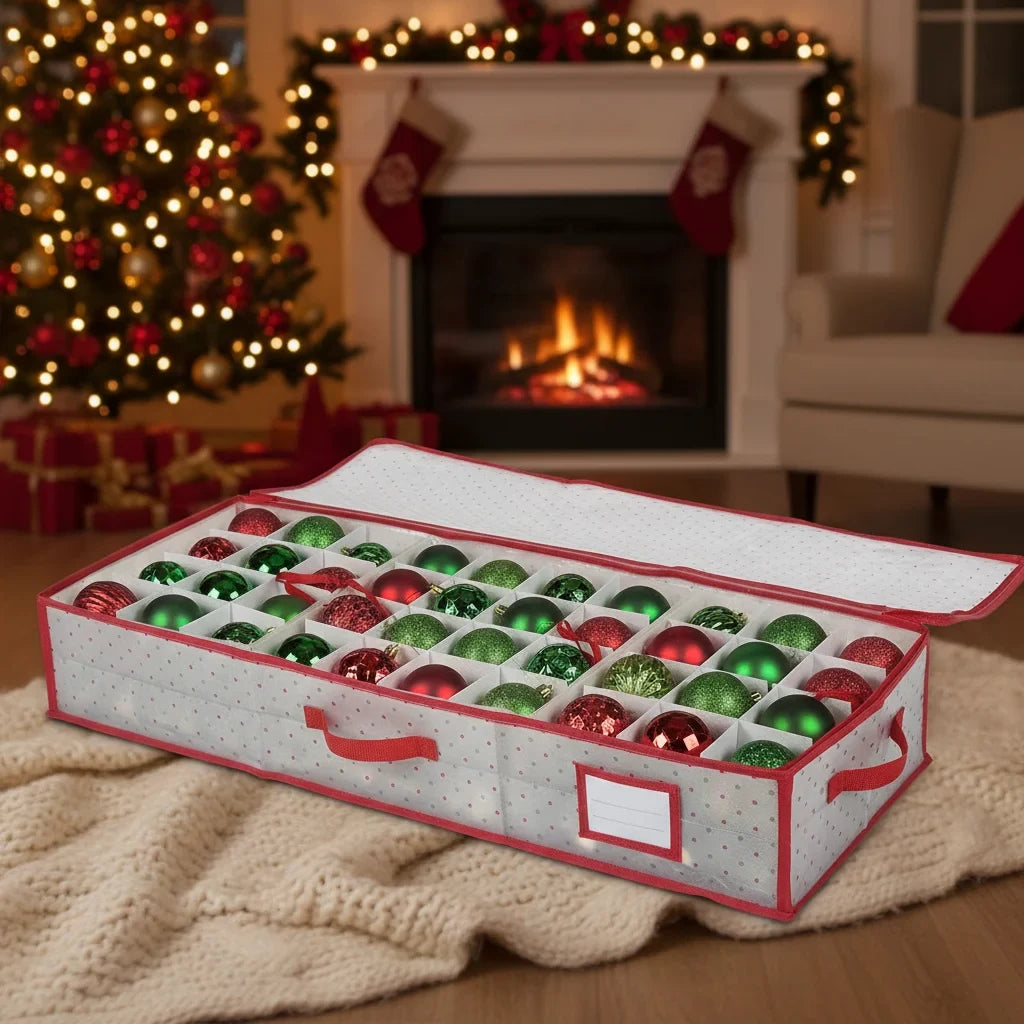 Ornament Storage Box with Zippered Lid and Grid Dividers for Christmas - Image 3
