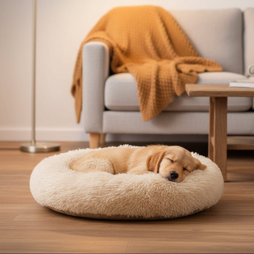 Orthopedic Donut Plush Dog Bed Shaggy Faux Fur Soft Bolster Cats Machine Washable - Image 1