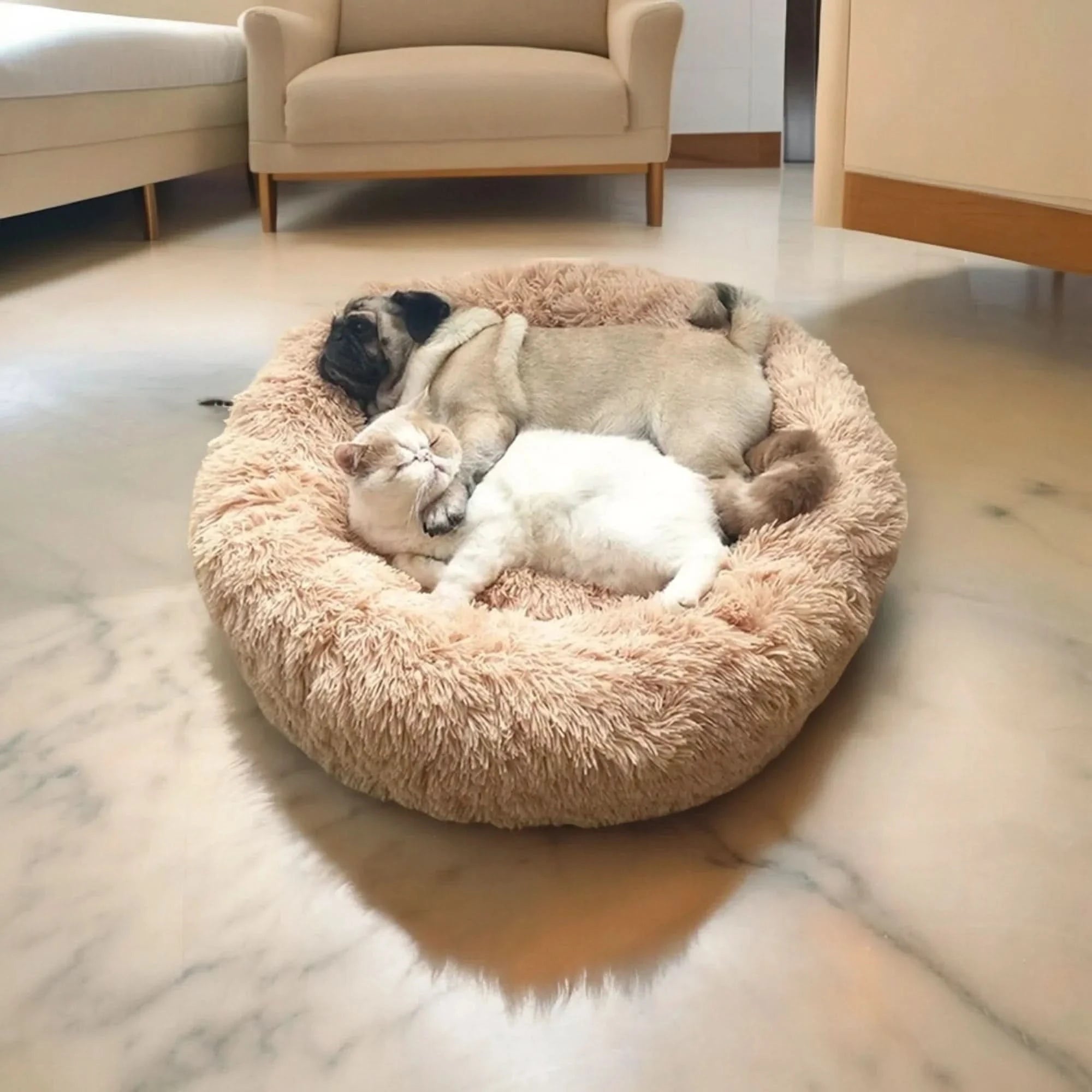 Orthopedic Donut Plush Dog Bed Shaggy Faux Fur Soft Bolster Cats Machine Washable - Image 2