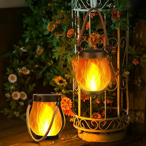 Outdoor Solar Lantern with Flickering Flame Effect and Rope Handle - Image 1