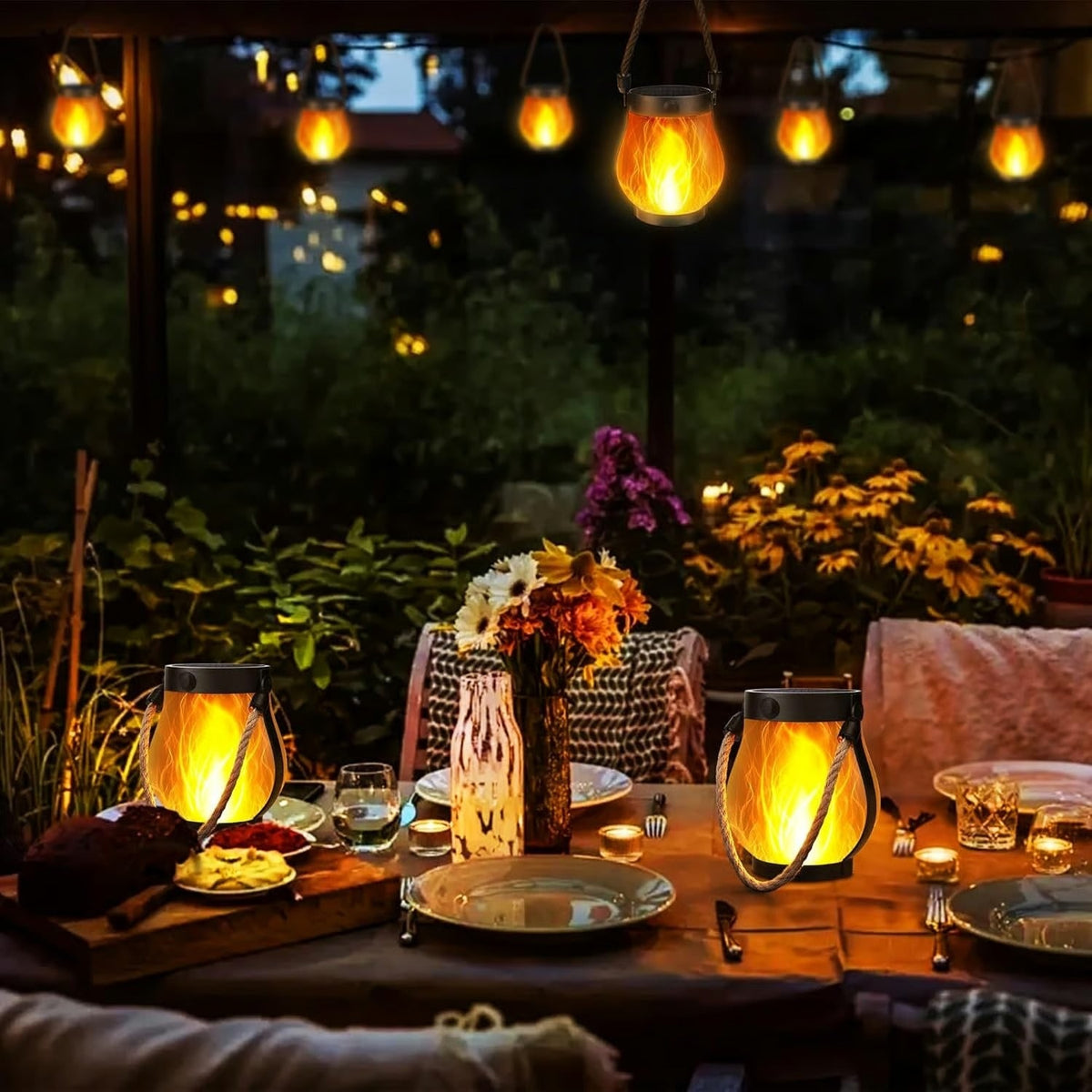 Outdoor Solar Lantern with Flickering Flame Effect and Rope Handle - Image 3