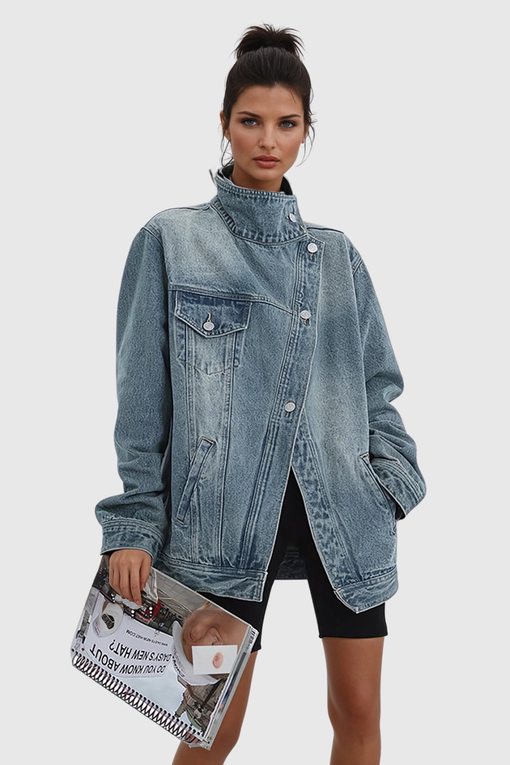 Oversized Asymmetric Button Boxy Fit Washed Denim Jacket — back view