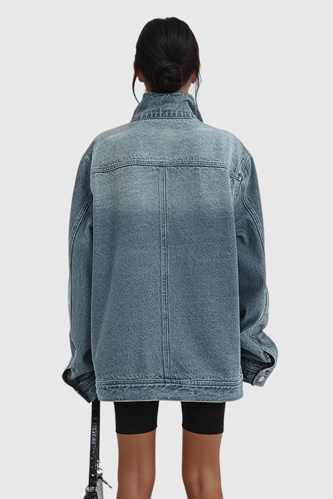Oversized Asymmetric Button Boxy Fit Washed Denim Jacket — detail view