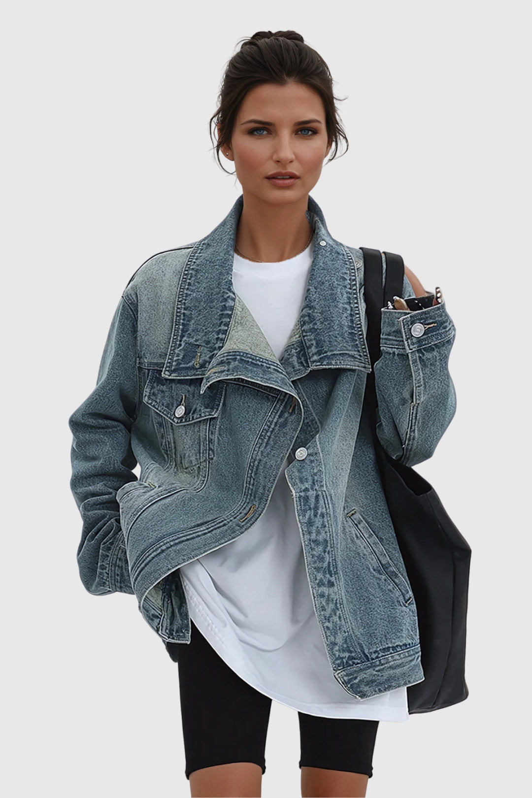Oversized Asymmetric Button Boxy Fit Washed Denim Jacket — side view