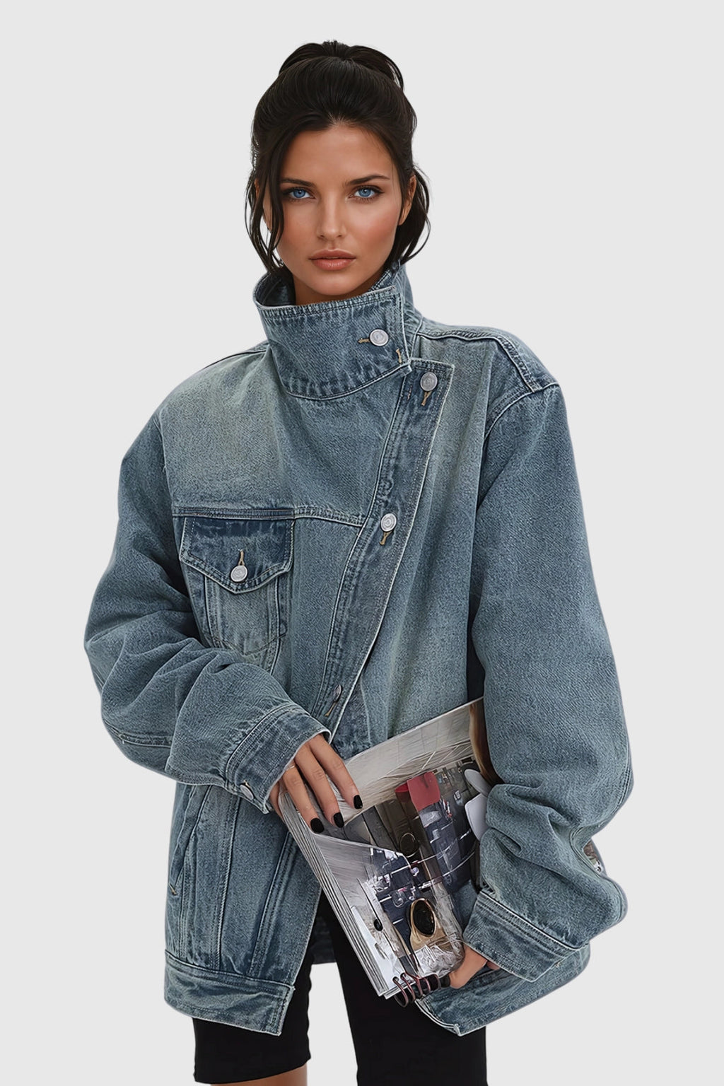 Oversized Asymmetric Button Boxy Fit Washed Denim Jacket