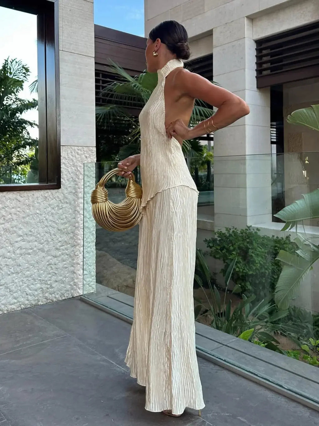 Pleated Halter Neck Top and Wide Leg Trousers Two-Piece Set — back view