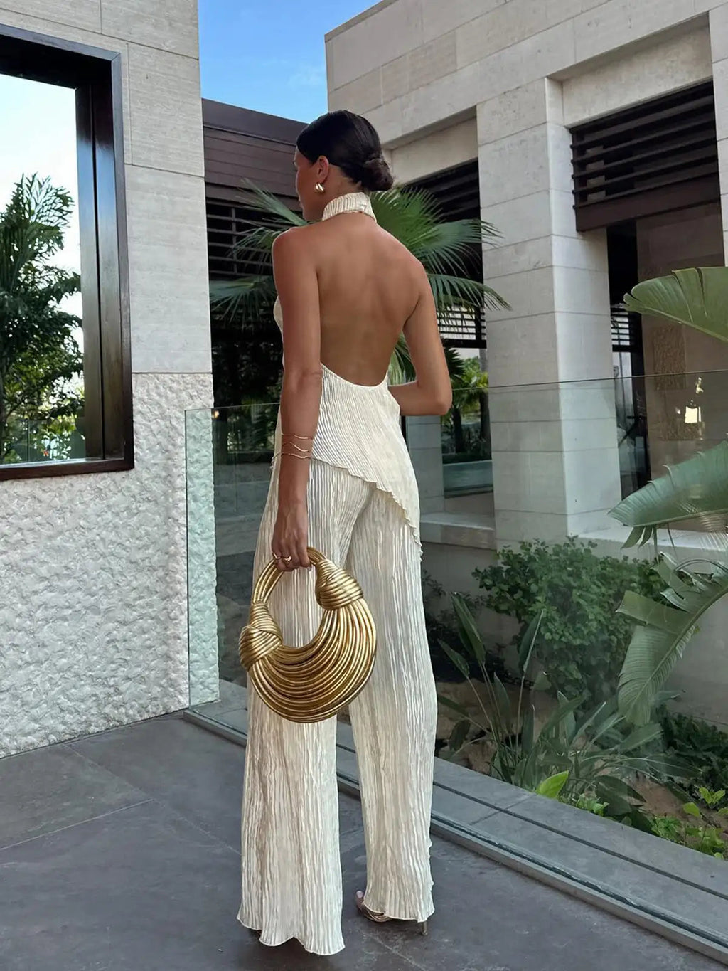 Pleated Halter Neck Top and Wide Leg Trousers Two-Piece Set — detail view
