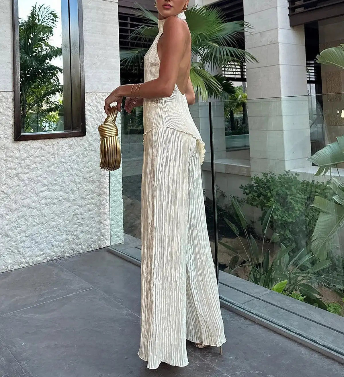 Pleated Halter Neck Top and Wide Leg Trousers Two-Piece Set — side view