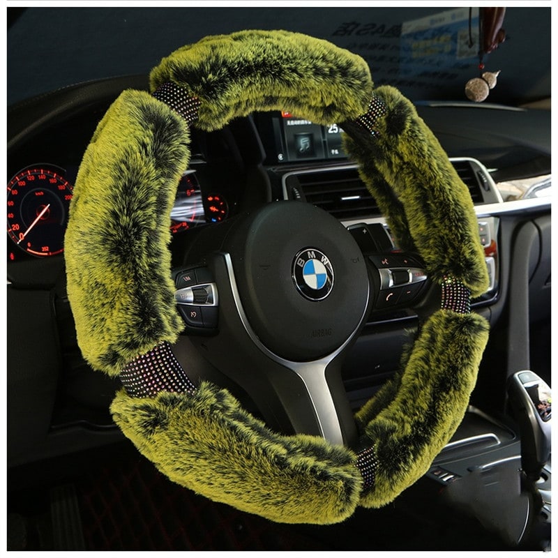 Plush Faux Fur Steering Wheel Cover with Rhinestone Accents and Carbon Fiber Design - Image 1