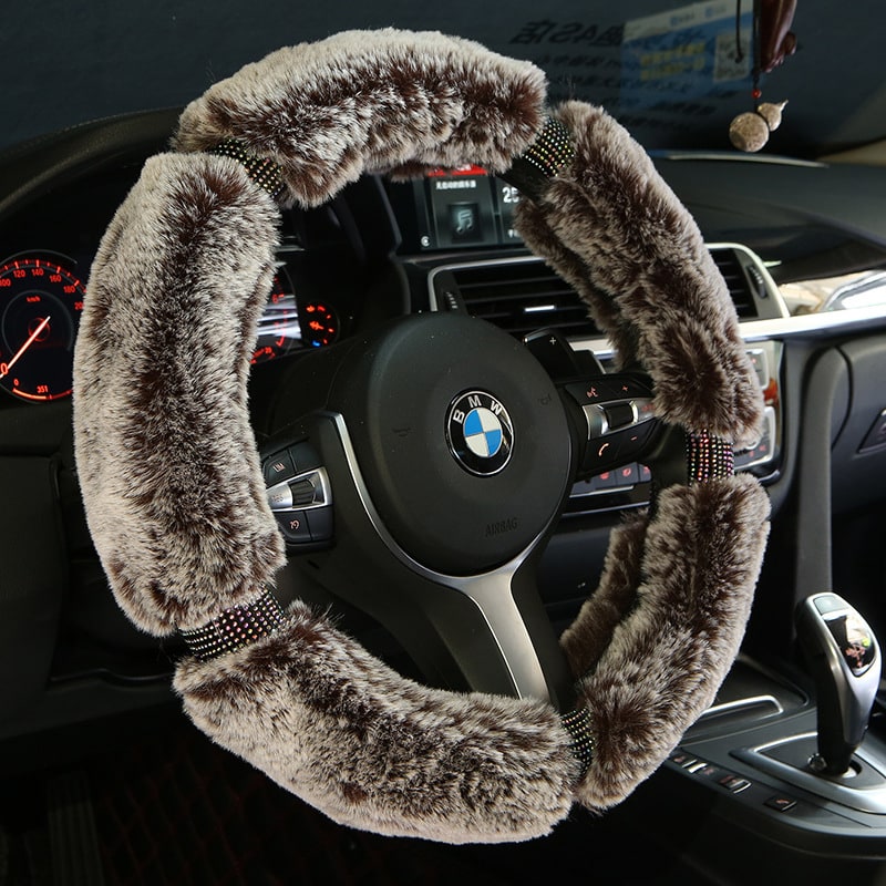 Plush Faux Fur Steering Wheel Cover with Rhinestone Accents and Carbon Fiber Design - Image 2
