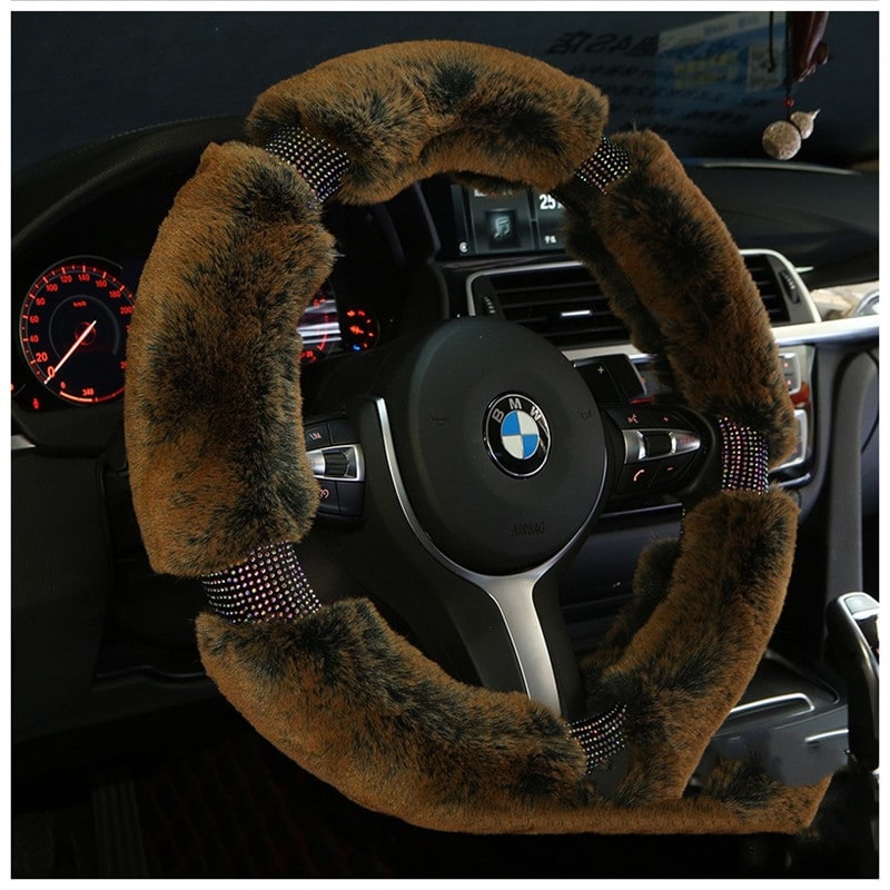 Plush Faux Fur Steering Wheel Cover with Rhinestone Accents and Carbon Fiber Design - Image 3