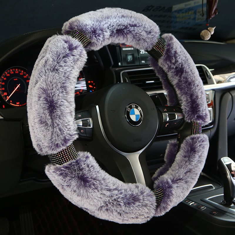 Plush Faux Fur Steering Wheel Cover with Rhinestone Accents and Carbon Fiber Design - Image 4