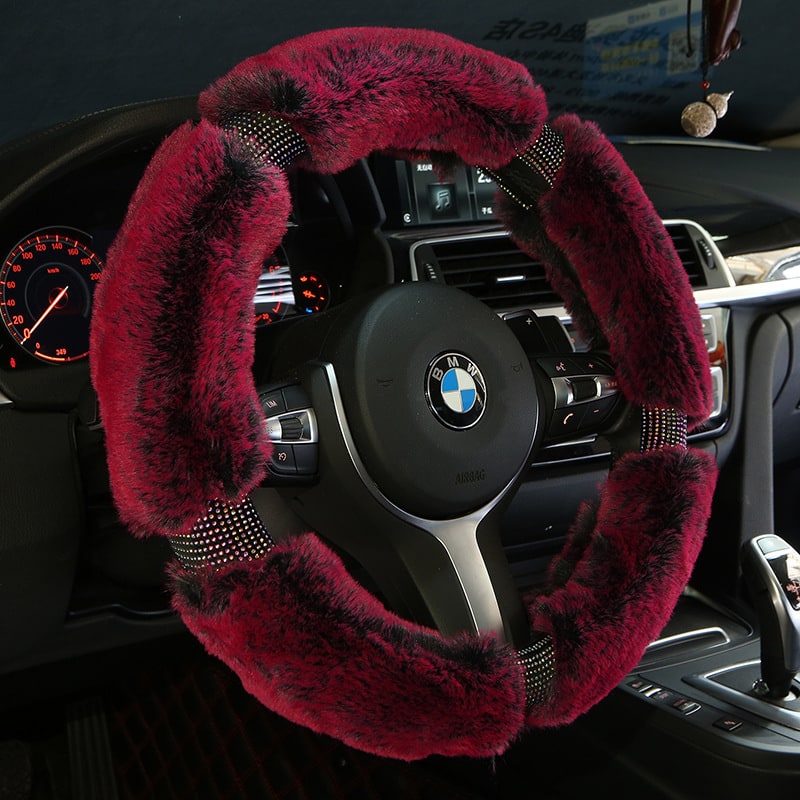 Plush Faux Fur Steering Wheel Cover with Rhinestone Accents and Carbon Fiber Design - Image 5