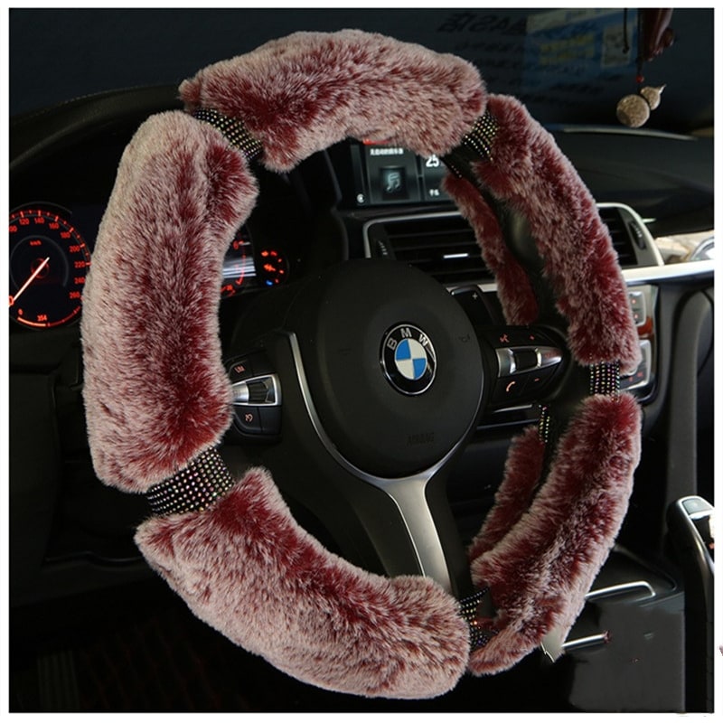Plush Faux Fur Steering Wheel Cover with Rhinestone Accents and Carbon Fiber Design - Image 6