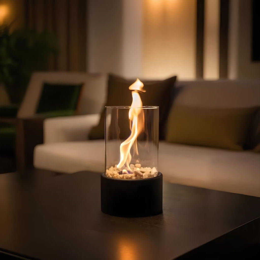 Portable Fire Pit Tabletop Fireplace Glass Cylinder Bioethanol Outdoor Indoor - Image 1